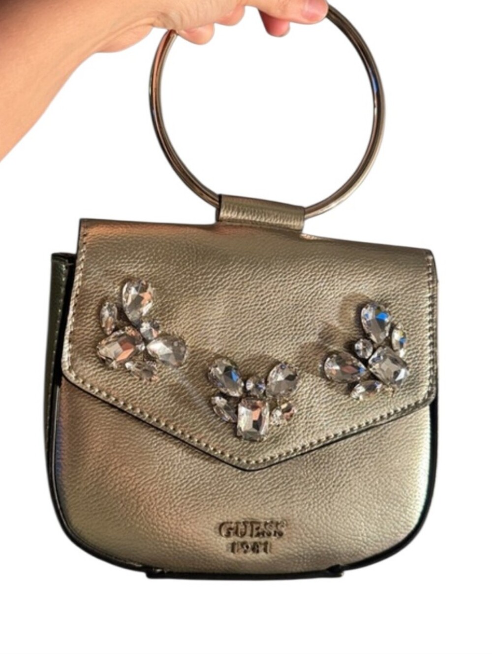 Guess Metallic Gold Mini Ring-Handle Crossbody with Crystal Accents